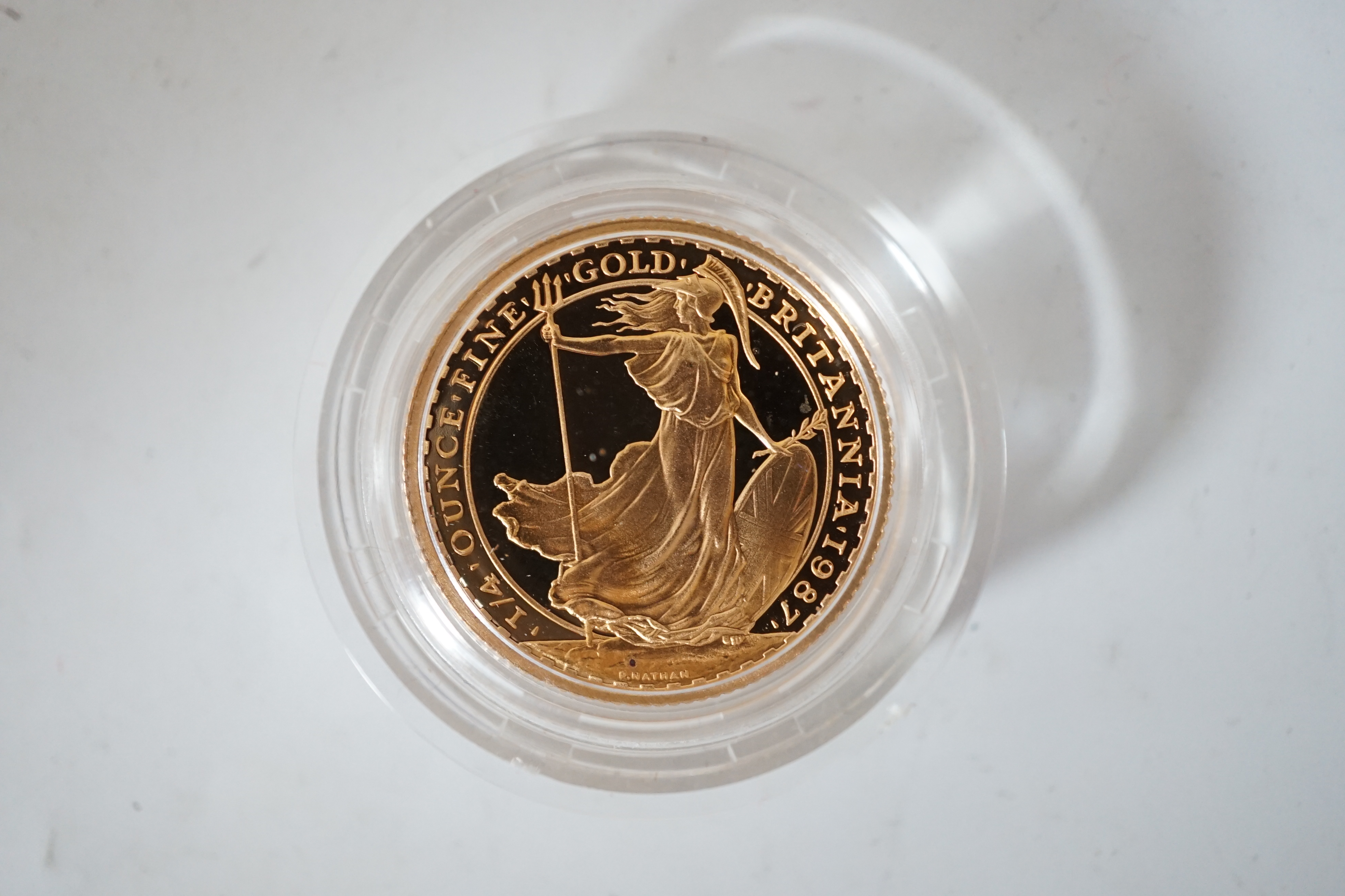 British gold coins, 1987 Royal Mint Britannia 1/4 oz. proof gold £25 coin, in case of issue with certificate